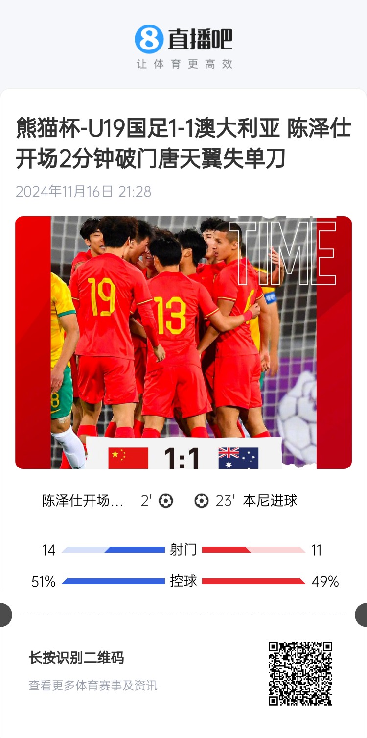 二番戰(zhàn)！U20國(guó)青與澳大利亞去年熊貓杯剛有過交手，雙方1-1戰(zhàn)平