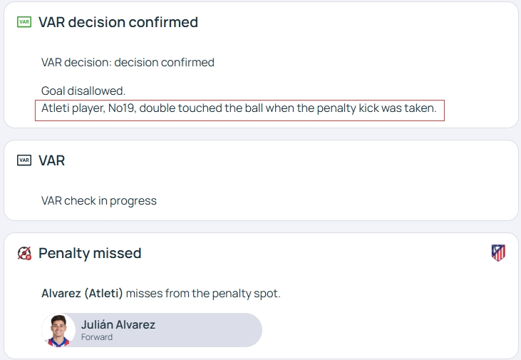 官方明確！歐冠官網(wǎng)：阿爾瓦雷斯罰點時2次觸球，VAR決定進(jìn)球無效